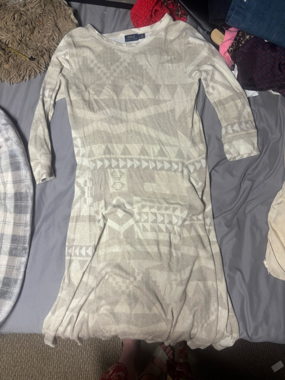 Ralph Lauren Cream and Light Gray Geometric Long-Sleeve Dress